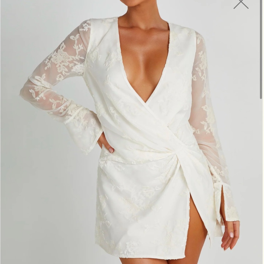 Meshki Ivory Lace Mini Wrap Dress